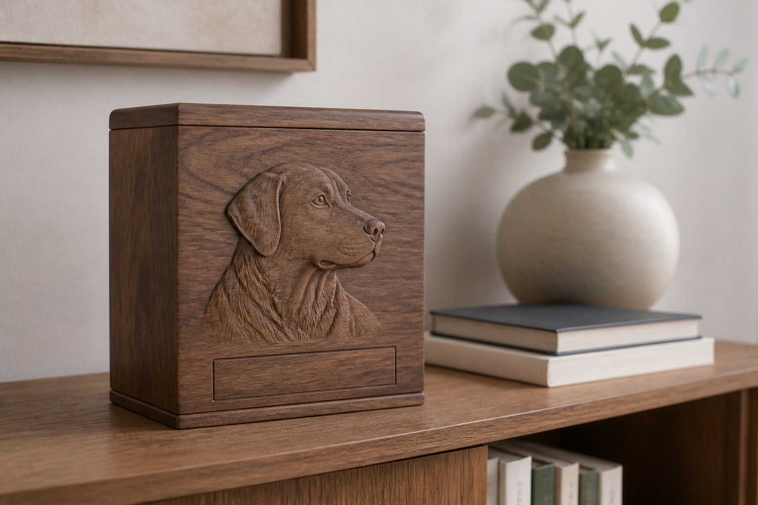 A realistic placeholder image of a wooden memorial urn with a carved dog portrait on a shelf.
